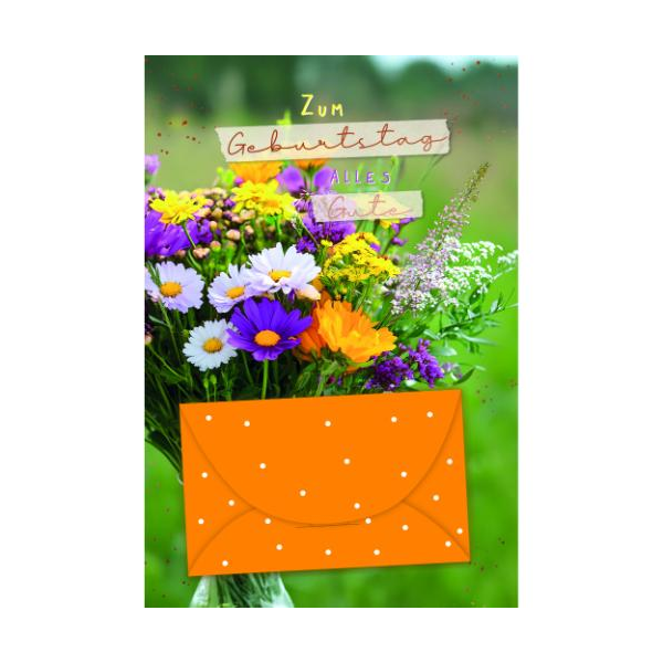 Geburtstag Geldkarte Glückwunschkarte mit Umschlag Blumen in Vase, Zum Geburtstag alles Gute mit roségoldener Metallicfolie