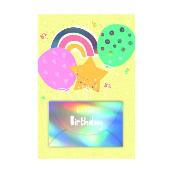 Geburtstag Geldkarte Glückwunschkarte mit Umschlag Luftballons, Regenbogen, Happy Birthday, Geldkuvert mit Regenbogenfolie