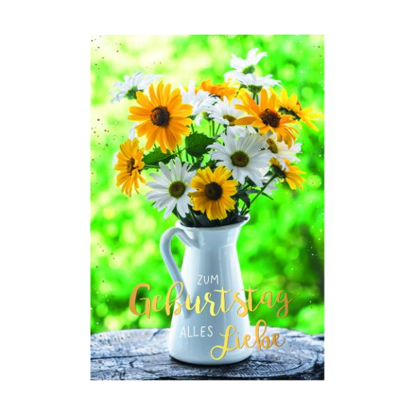 Geburtstag Glückwunschkarte mit Umschlag Blumen in Gießkanne, Zum Geburtstag alles Liebe, mit Goldfolie