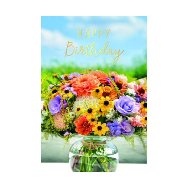 Geburtstag Glückwunschkarte mit Umschlag Blumen in Vase, HAPPY Birthday, mit Goldfolie