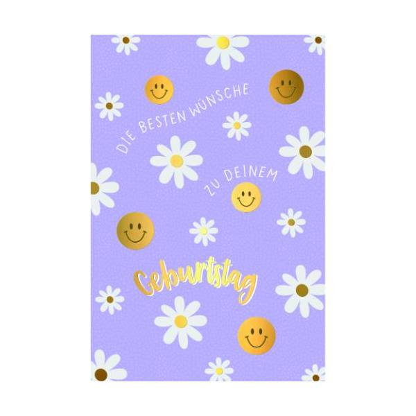 Geburtstag Glückwunschkarte mit Umschlag Blüten, Smileys, die besten Wünsche zu deinem Geburtstag, mit Goldfolie