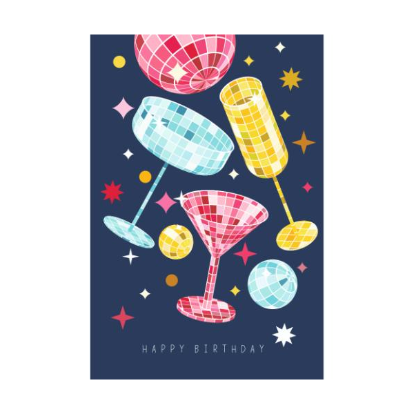 Geburtstag Glückwunschkarte mit Umschlag Gläser, Discokugeln Happy Birthday