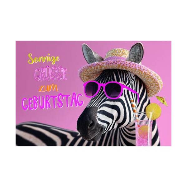 Geburtstag Glückwunschkarte mit Umschlag Zebra mit Sonnenbrille und Hut Cocktail sonnige Grüße zum Geburtstag, mit pinker Metallicfolie