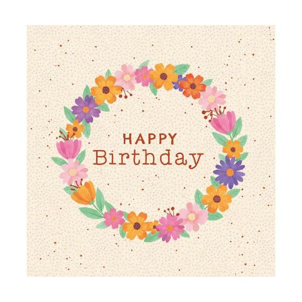 Geburtstag Green Line unverpackte Glückwunschkarte mit Umschlag Blüten- und Blätterkranz Happy Birthday, mit Blindprägung