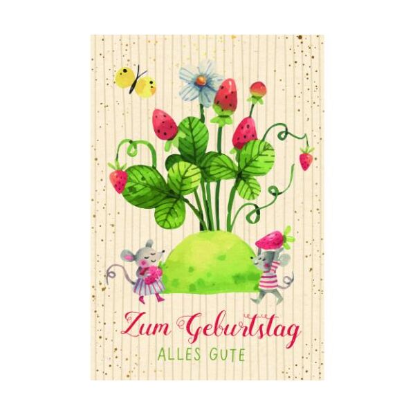 Geburtstag Green Line unverpackte Glückwunschkarte mit Umschlag Erdbeeren Mäuse Schmetterling Blume Zum Geburtstag alles Gute, mit Goldfolie