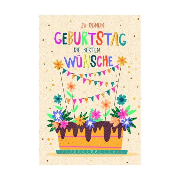 Geburtstag Green Line unverpackte Glückwunschkarte mit Umschlag Geburtstagstorte mit Blumen und Wimpelketten Zu Deinem Geburtstag die besten Wünsche, mit Goldfolie