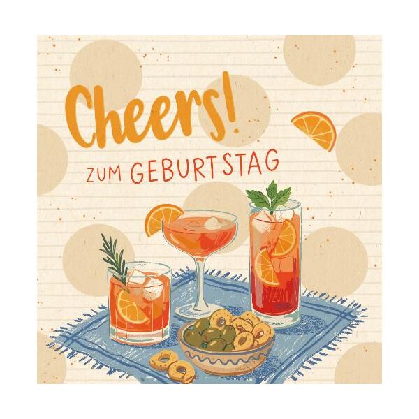 Geburtstag Green Line unverpackte Glückwunschkarte mit Umschlag Getränke und Snacks auf Picknickdecke Cheers! Zum Geburtstag, mit Blindprägung
