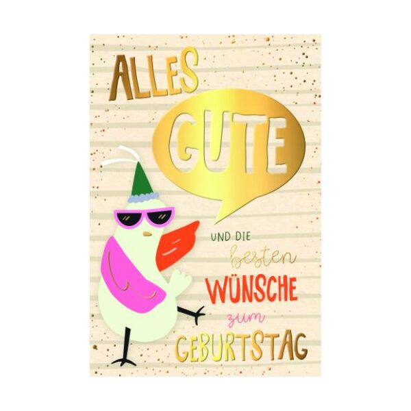 Geburtstag Green Line unverpackte Glückwunschkarte mit Umschlag Möwe mit Sonnenbrille und Partyhut Alles Gute und die besten Wünsche zum Geburtstag, mit Goldfolie