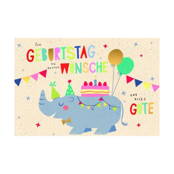 Geburtstag Green Line unverpackte Glückwunschkarte mit Umschlag Nashorn mit Geburtstagstorte, Partyhüten und Luftballons Zum Geburtstag die besten Wünsche und alles Gute, mit Goldfolie
