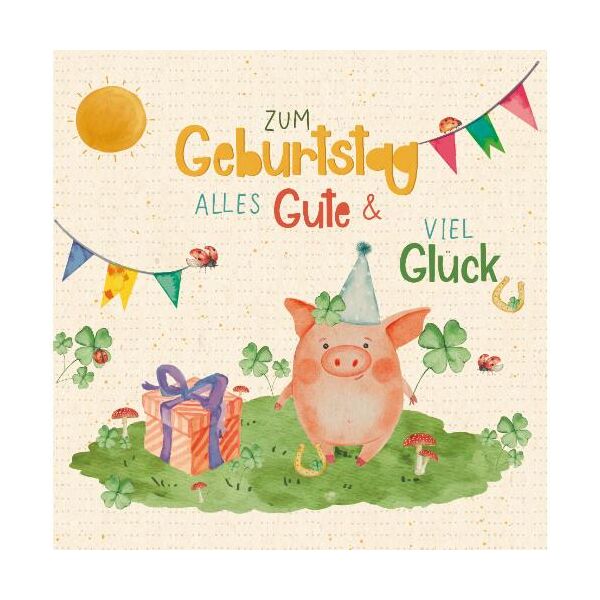 Geburtstag Green Line unverpackte Glückwunschkarte mit Umschlag Schwein Geschenk Kleeblätter Wimpelketten Zum Geburtstag Alles Gute & Viel Glück Zuckerrohrpapier, mit Blindprägung