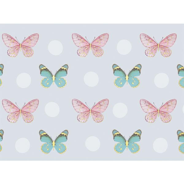 Geschenkpapier mit Metallicdruckfolie - Röllchen -  70x150 cm - Dots+Butterfly - Punkte und Schmetterlinge