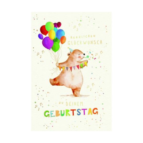 Geburtstag Skorpions Art Glückwunschkarte mit Umschlag Bär mit bunten Luftballons und Wimpelkette, Herzlichen Glückwunsch zu Deinem Geburtstag, mit Goldfolie und Blindprägung
