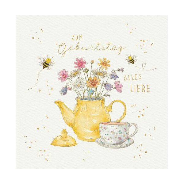 Geburtstag Skorpions Art Glückwunschkarte mit Umschlag Blumen in Teekanne, Teetasse, Bienen, Zum Geburtstag alles Liebe, mit Goldfolie und Blindprägung