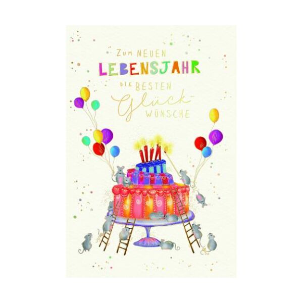 Geburtstag Skorpions Art Glückwunschkarte mit Umschlag Geburtstagstorte, bunte Luftballons, Mäuse, Zum NEUEN Lebensjahr die besten Glückwünsche, mit Goldfolie und Blindprägung