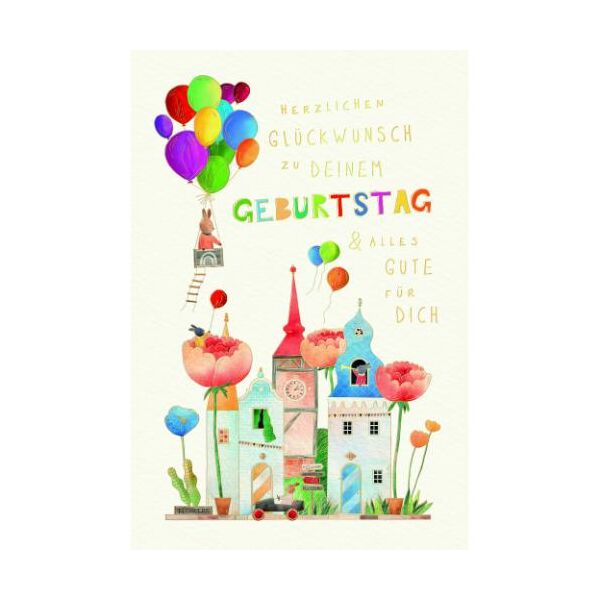 Geburtstag Skorpions Art Glückwunschkarte mit Umschlag Korb mit Hase an bunten Luftballons, Häuser, Blumen, Herzlichen Glückwunsch zu Deinem Geburtstag & alles Gute für DICH, mit Goldfolie und Blindprägung