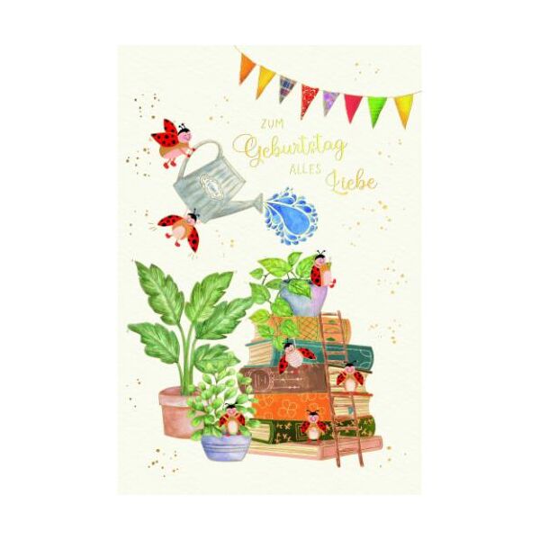 Geburtstag Skorpions Art Glückwunschkarte mit Umschlag Marienkäfer, Gießkanne, Pflanzen, Bücherstapel, Zum Geburtstag alles Liebe, mit Goldfolie und Blindprägung