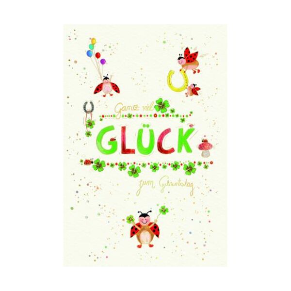 Geburtstag Skorpions Art Glückwunschkarte mit Umschlag Marienkäfer, Kleeblätter, Glücksmotive, Ganz viel Glück zum Geburtstag, mit Goldfolie und Blindprägung