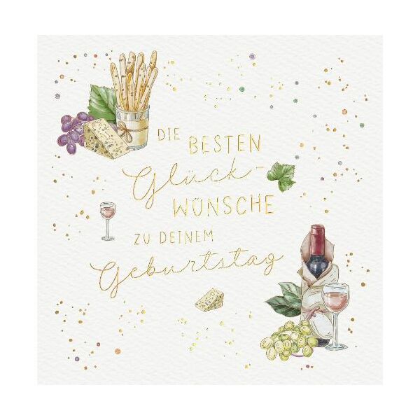 Geburtstag Skorpions Art Glückwunschkarte mit Umschlag Spargel, Käse, Weintrauben, Weinflasche, Weinglas, die besten Glückwünsche zu Deinem Geburtstag, mit Goldfolie und Blindprägung