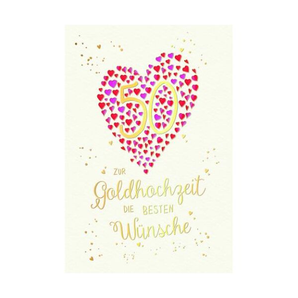 Goldhochzeit 50. Hochzeitstag Skorpions Art Glückwunschkarte mit Umschlag Herzen, Zur Goldhochzeit die besten Wünsche, mit Goldfolie und Blindprägung
