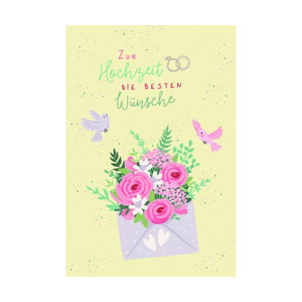 Hochzeit Glückwunschkarte mit Umschlag Blumen im Briefumschlag, Vögel, Ringe, Zur Hochzeit die besten Wünsche