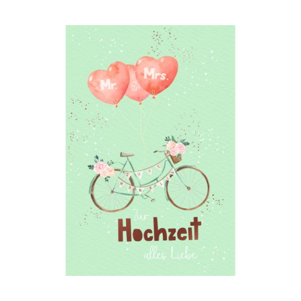 Hochzeit Glückwunschkarte mit Umschlag Herzförmige Luftballons, Fahrrad mit Blumen, Mr. & Mrs. Zur Hochzeit alles Liebe, mit roségoldener Metallicfolie