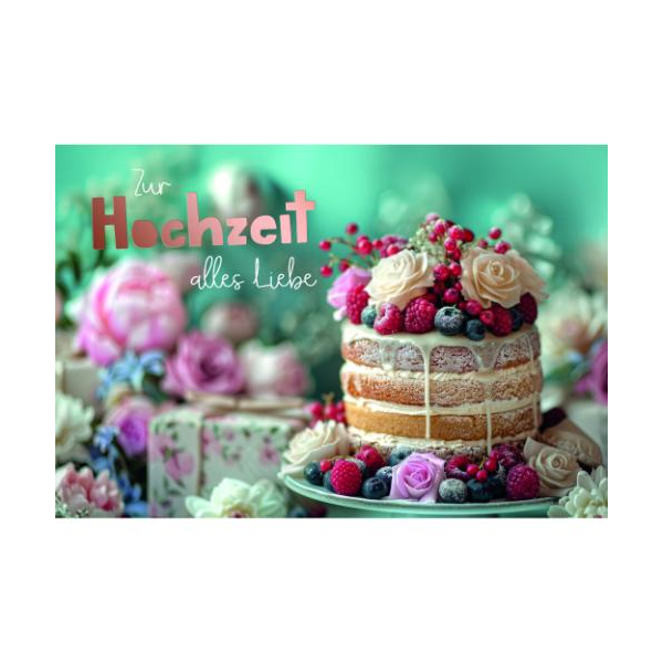 Hochzeit Glückwunschkarte mit Umschlag Kuchen mit Früchten und Rosen, Zur Hochzeit alles Liebe, mit roségoldener Metallicfolie