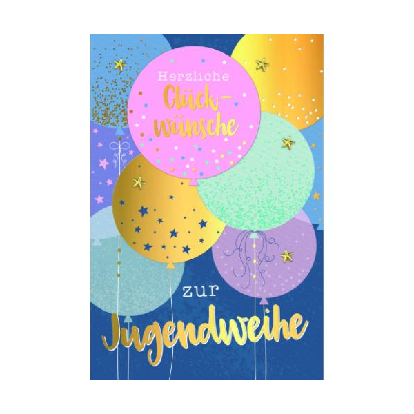 Jugendweihe Handmade Glückwunschkarte mit Umschlag Bunte Luftballons, Herzliche Glückwünsche zur Jugendweihe, mit Goldfolie, 1 aufgeblocktes Stanzteil und 5 Stern-Diamanten