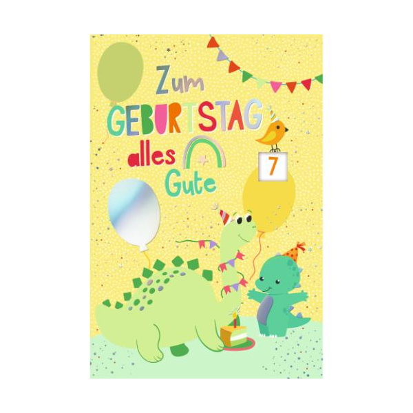 Kindergeburtstag Drehscheibe 1-10 Jahre Glückwunschkarte mit Umschlag Dinosaurier, Luftballons, Wimpelkette Zum Geburtstag alles Gute, mit Regenbogenfolie