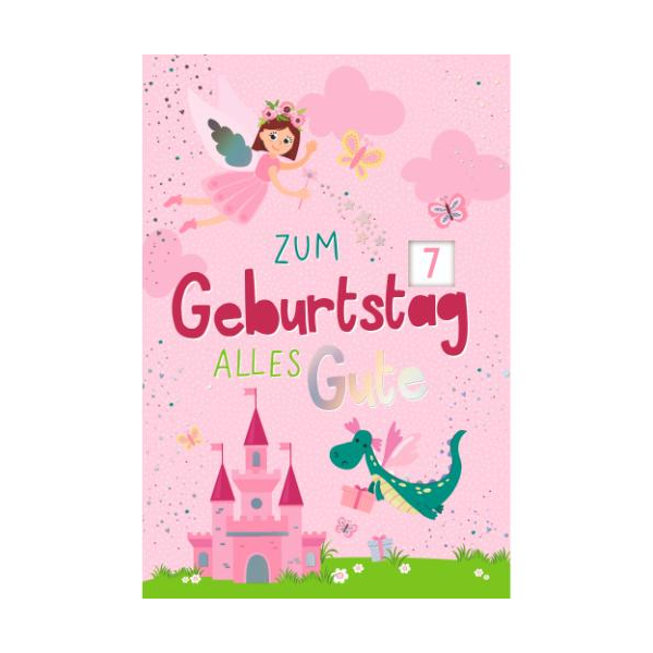 Kindergeburtstag Drehscheibe 1-10 Jahre Glückwunschkarte mit Umschlag Fee, Schmetterlinge, Schloss, Drache, Zum Geburtstag alles Gute, mit Regenbogenfolie