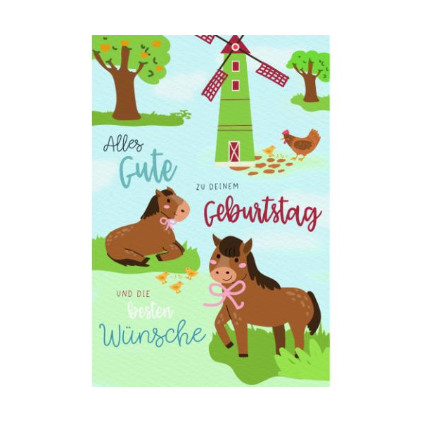 Kindergeburtstag Glückwunschkarte mit Umschlag Pferde, Windmühle, Bäume, Alles Gute zu deinem Geburtstag und die besten Wünsche