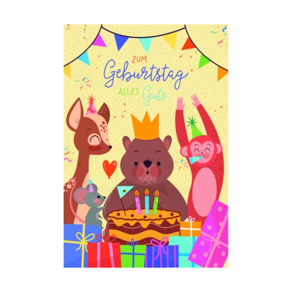 Kindergeburtstag Glückwunschkarte mit Umschlag Reh Bär Affe Maus, Geburtstagstorte, Zum Geburtstag alles Gute Geschenke