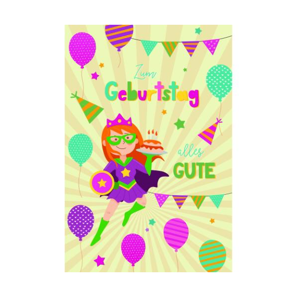 Kindergeburtstag Glückwunschkarte mit Umschlag Superheldin, bunte Luftballons, zum Geburtstag alles Gute mit pinker Metallicfolie