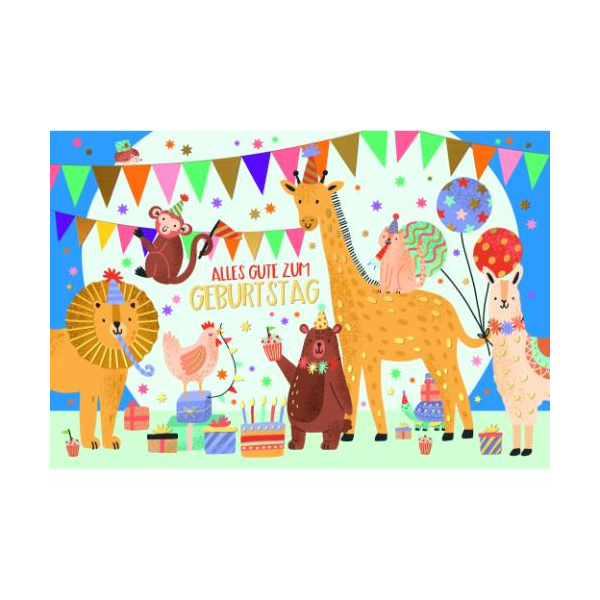 Kindergeburtstag Glückwunschkarte mit Umschlag Tiere feiern Geburtstag, Alles Gute zum Geburtstag, mit Goldfolie
