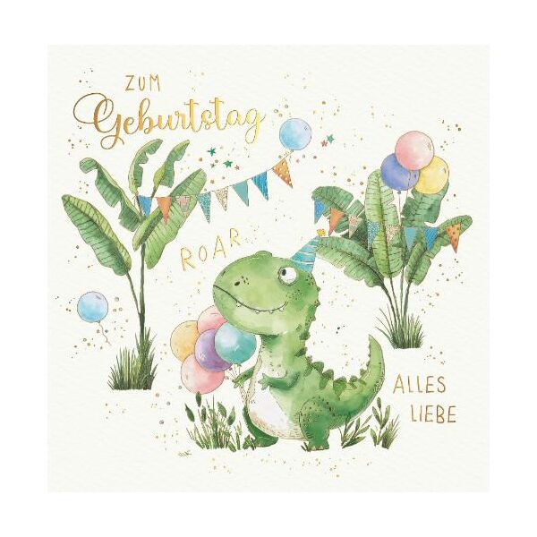 Kindergeburtstag Skorpions Art Glückwunschkarte mit Umschlag Dinosaurier, bunte Luftballons, Zum Geburtstag alles Liebe, ROAR, mit Goldfolie und Blindprägung