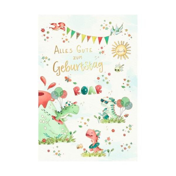 Kindergeburtstag Skorpions Art Glückwunschkarte mit Umschlag Dinosaurier, Sonne, Vulkan, ROAR Alles Gute zum Geburtstag, mit Goldfolie und Blindprägung