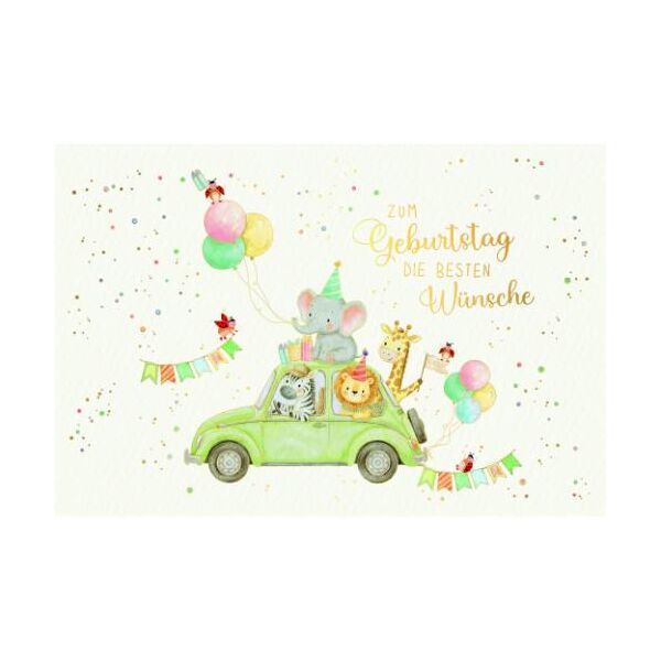Kindergeburtstag Skorpions Art Glückwunschkarte mit Umschlag Tiere im Auto, Marienkäfer, bunte Luftballons, Wimpelketten, Zum Geburtstag die besten Wünsche, mit Goldfolie und Blindprägung
