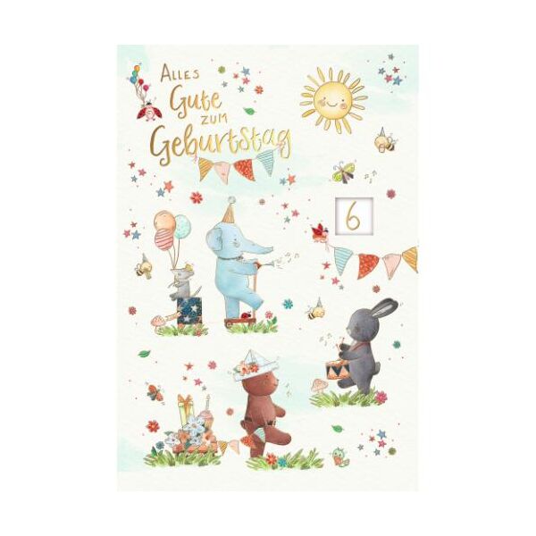 Kinderzahlengeburtstag 1-10 Jahre Drehscheibe Skorpions Art Glückwunschkarte mit Umschlag Tiere, Sonne, Luftballons, Wimpelkette, Alles Gute zum Geburtstag, mit Goldfolie, gestanzt, mit 1 Drehscheibe mit Goldfolie