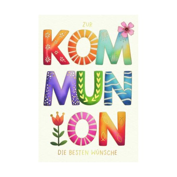 Kommunion Skorpions Art Glückwunschkarte mit Umschlag Schriftkarte, Zur KOMMUNION die besen Wünsche Blumenmuster, mit Goldfolie und Blindprägung