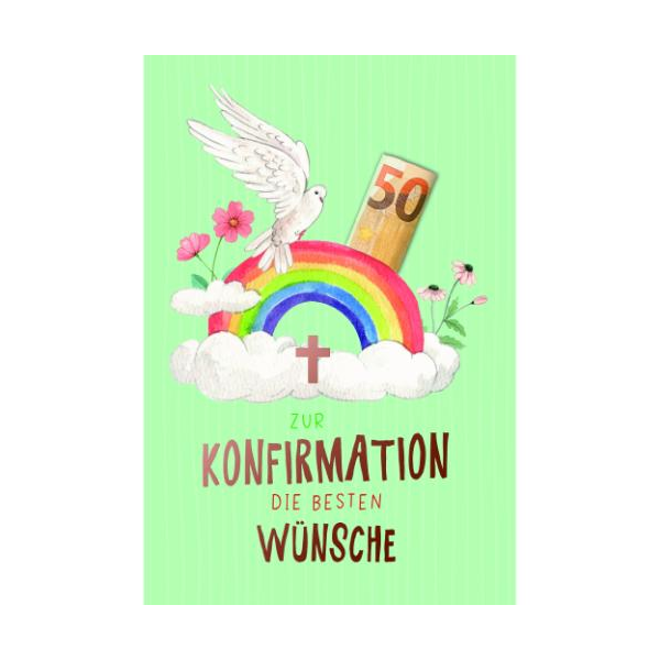 Konfirmation Geldkarte Glückwunschkarte mit Umschlag Taube, Regenbogen, Wolken, Zur Konfirmation die besten Wünsche, mit roségoldener Metallicfolie, gestanzt