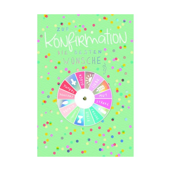 Konfirmation Glückwunschkarte mit Umschlag Zur Konfirmation die besten Wünsche, Applikation mit Drehelement mit Regenbogenfolie