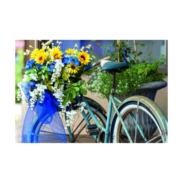 Ohne Text Grußkarte mit Umschlag Fahrrad mit Blumenkorb blaue Schleife