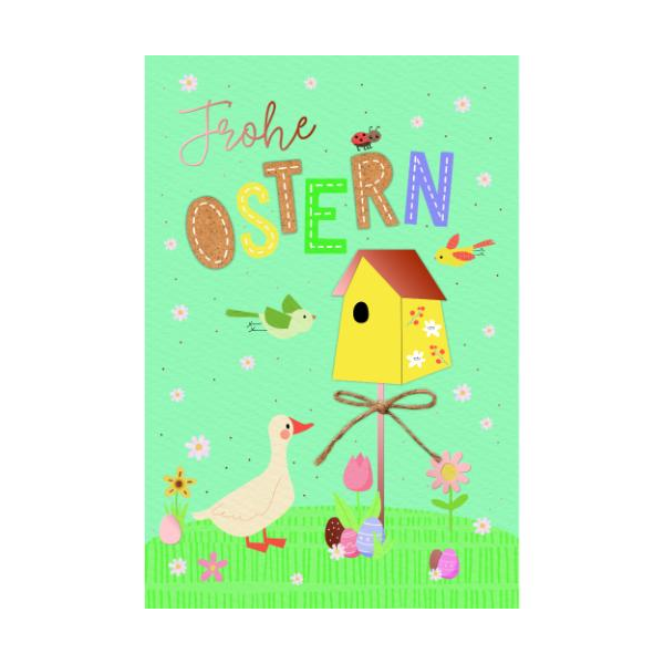 Ostern Handmade Grußkarte mit Umschlag Gans, Vögel, Vogelhaus, Frohe Ostern, mit roségoldener Metallicfolie, 1 aufgeblocktes Stanzteil
