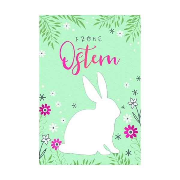 Ostern Handmade Grußkarte mit Umschlag Hase, Blumen und Blätterranken, Frohe Ostern, mit pinker Metallicfolie, 1 aufgeblocktes Stanzteil