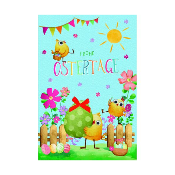 Ostern Handmade Grußkarte mit Umschlag Küken, Blumen, Osterei, Zaun, Frohe Ostertage, mit pinker Metallicfolie und 4 Wackelaugen