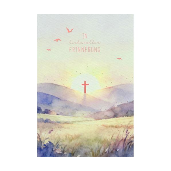 Trauer Kondolenz Beileidskarte mit Umschlag Kreuz vor Sonne auf Berg, In liebevoller Erinnerung, mit roségoldener Metallicfolie