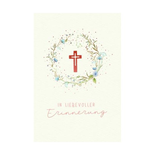 Trauer Kondolenz Skorpions Art Beileidskarte mit Umschlag Kreuz, Blumen und Blätter, In liebevoller Erinnerung, mit roségoldener Metallicfolie und Blindprägung