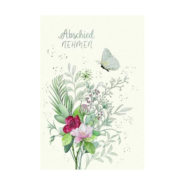 Trauer Kondolenz Skorpions Art Beileidskarte mit Umschlag Schmetterling, Blumen, Blätter, Abschied nehmen, mit Silberfolie und Blindprägung