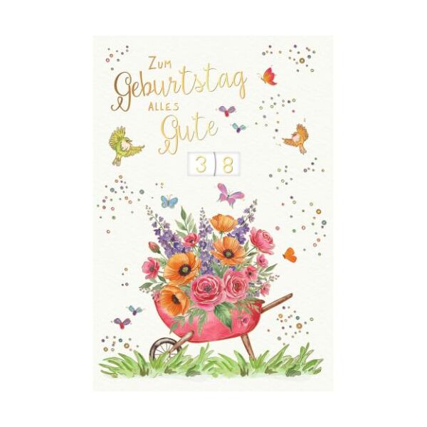 Zahlengeburtstag 1-110 Jahre Drehscheiben Skorpions Art Glückwunschkarte mit Umschlag Schubkarre voller Blumen, Vögel, Zum Geburtstag Alles Gute, mit Goldfolie, gestanzt, mit 2 Drehscheiben mit Goldfolie