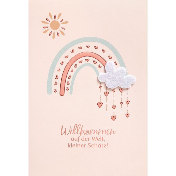 Geburt Baby Glückwunschkarte mit Umschlag Regenbogen mit Herzen Willkommen auf der Welt, kleiner Schatz!