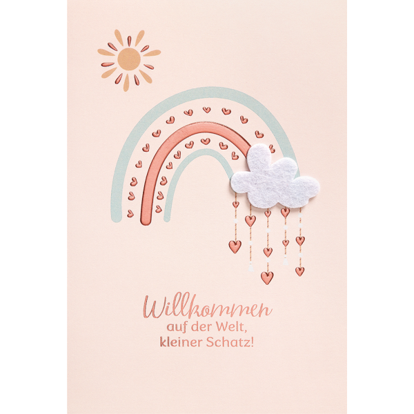 Geburt Baby Glückwunschkarte mit Umschlag Regenbogen mit Herzen Willkommen auf der Welt, kleiner Schatz!